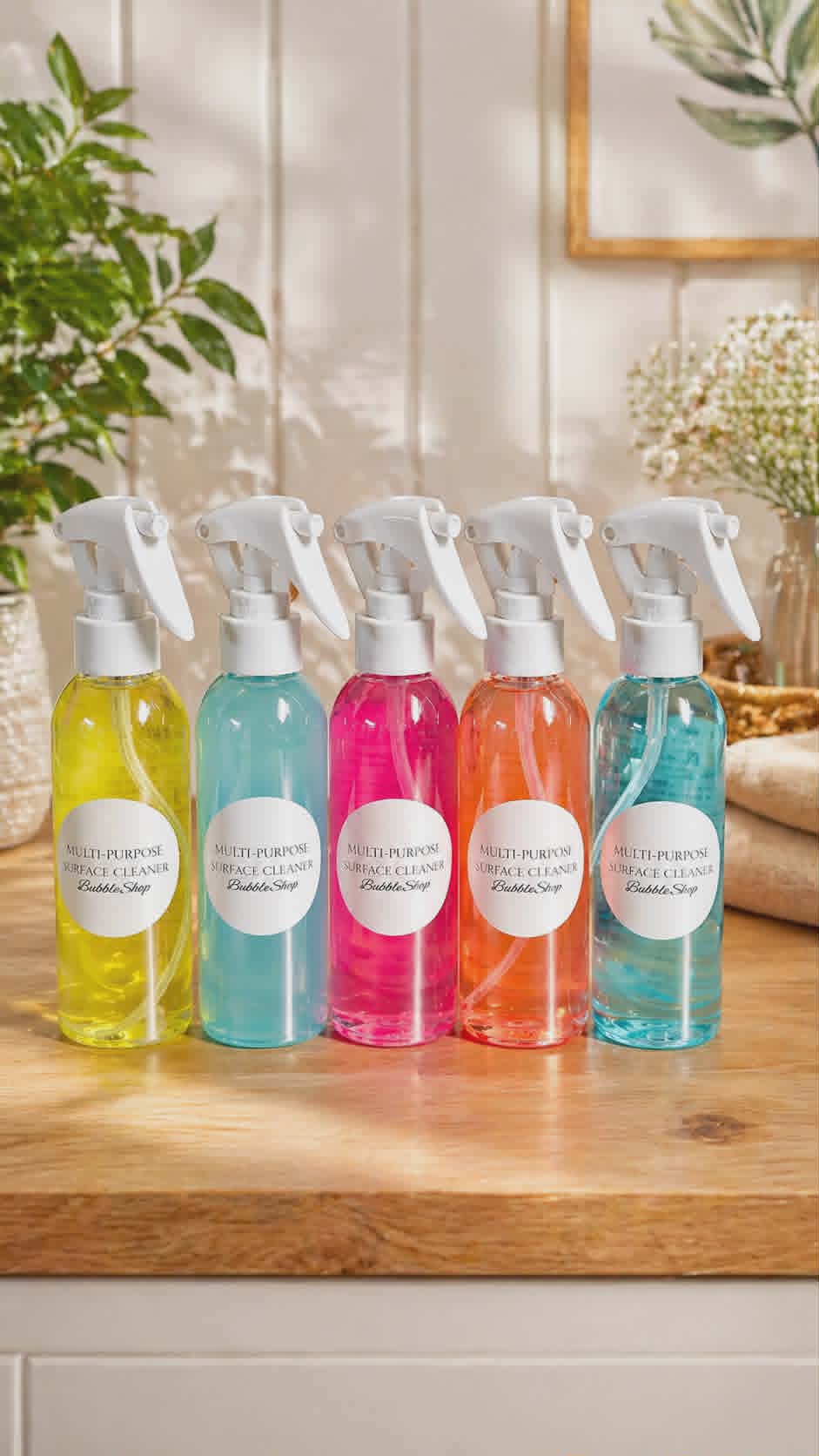 colourful multi-purpose surface cleaner sprays by Bubbleshop in yellow, pink, blue, orange, blue, teal, on surface