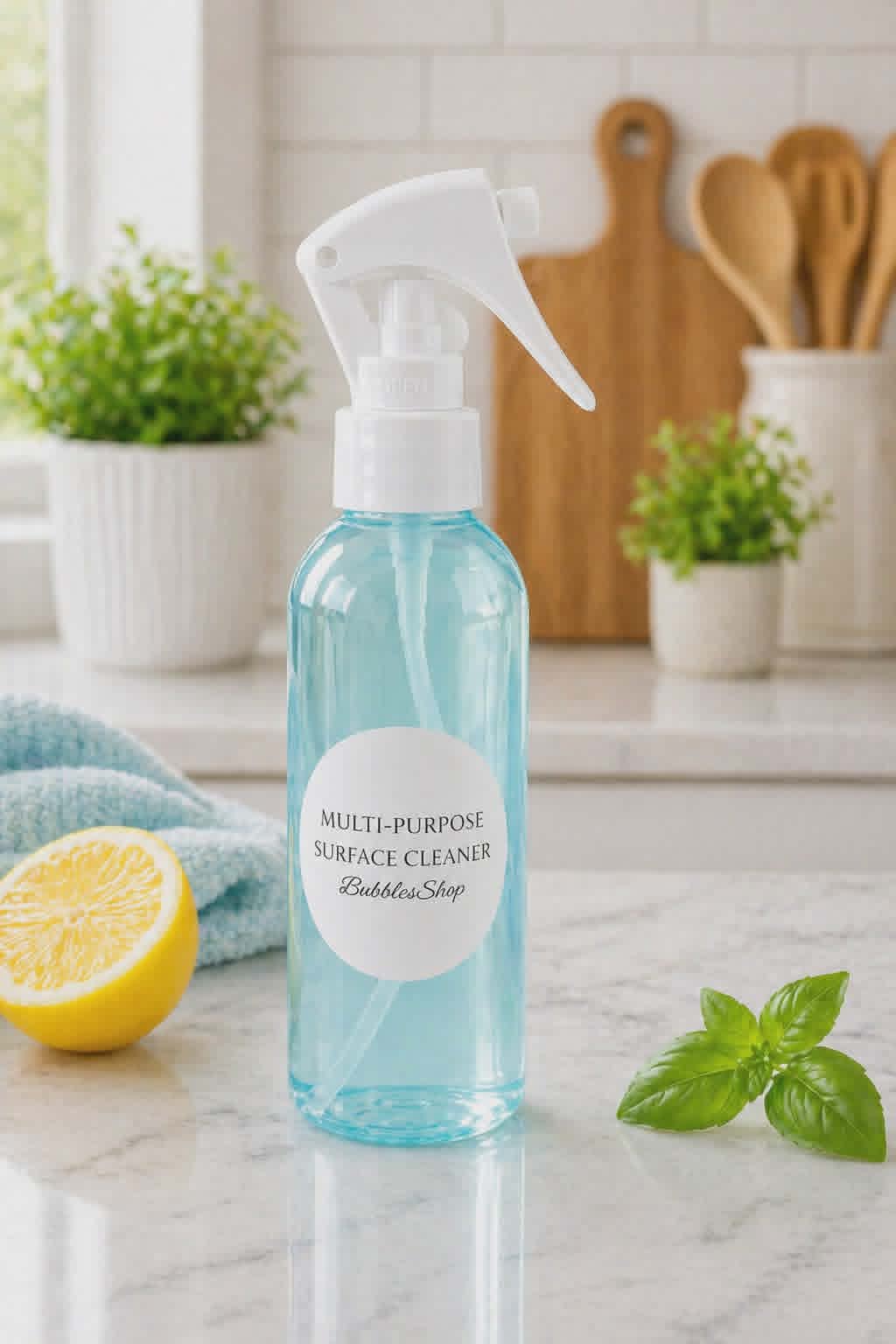 Multi-purpose surface cleaner bottle on a kitchen counter with a lemon and basil leaves in 3 Witches by BubbleShop
