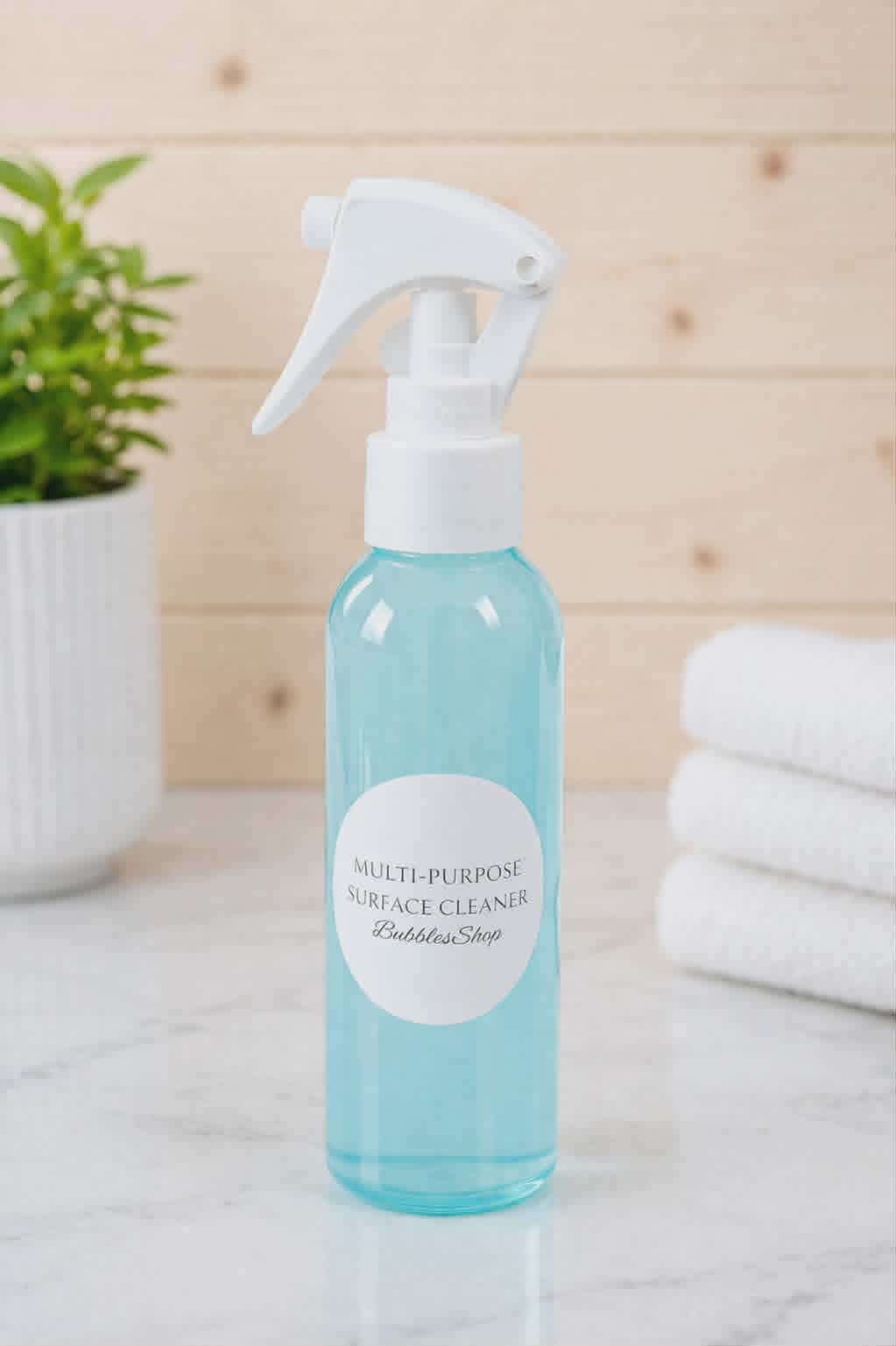 Bottle of multi-purpose surface cleaner on a light wooden surface with a plant and towels in the background in 3 Witches by BubbleShop