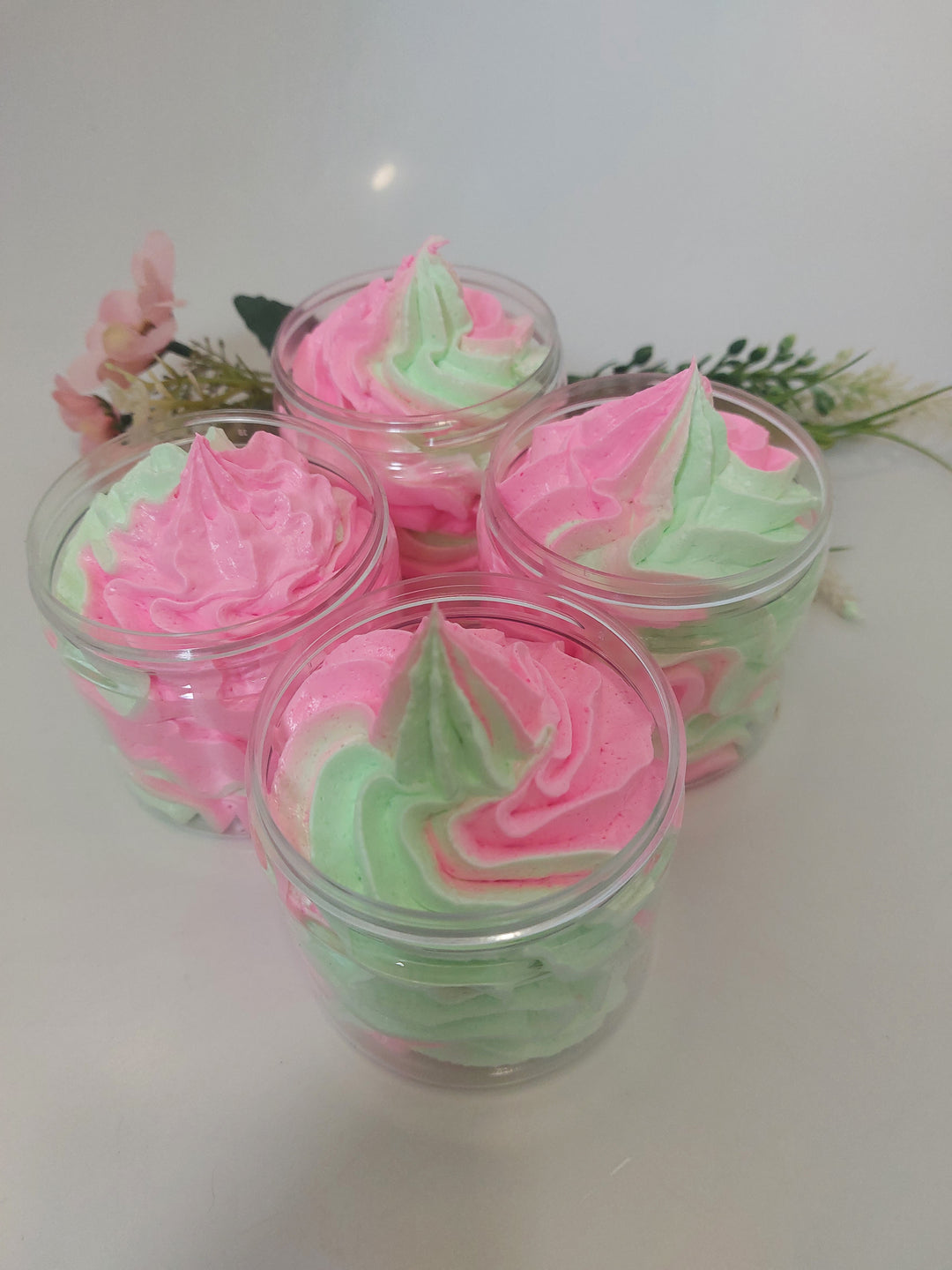 photo of 4 pots of fluffy green and pink whipped soaps in pots  in Black cherry by BubbleShop