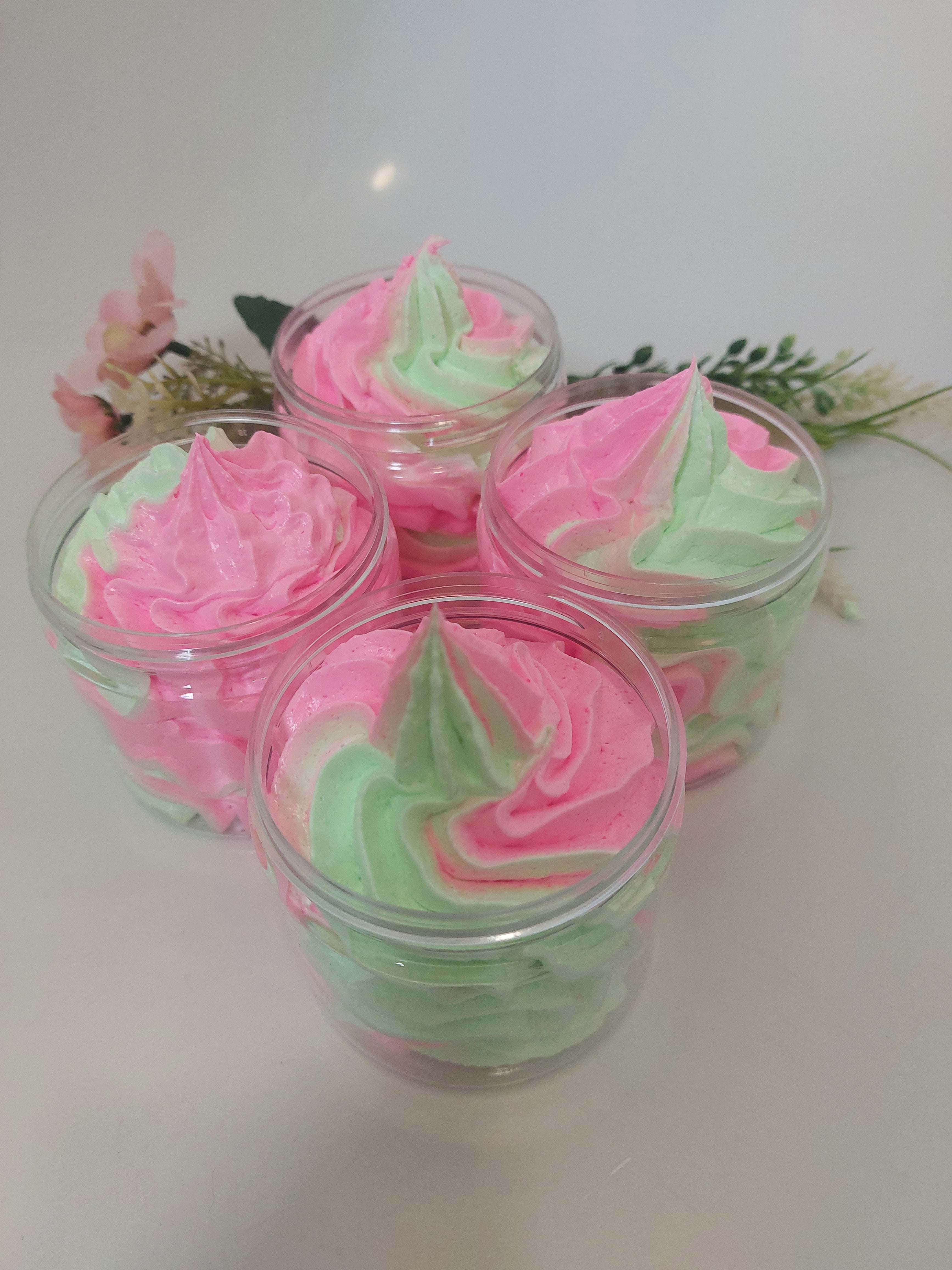photo of 4 pots of fluffy green and pink whipped soaps in pots  in Black cherry by BubbleShop