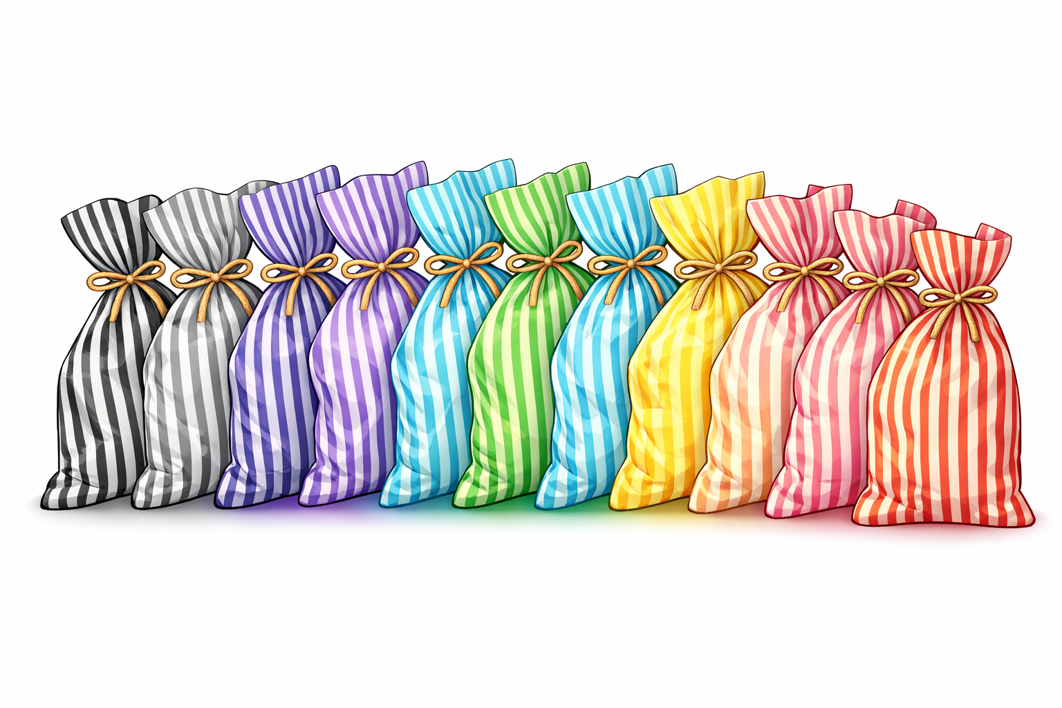 Colorful striped gift bags with ribbons on a white background