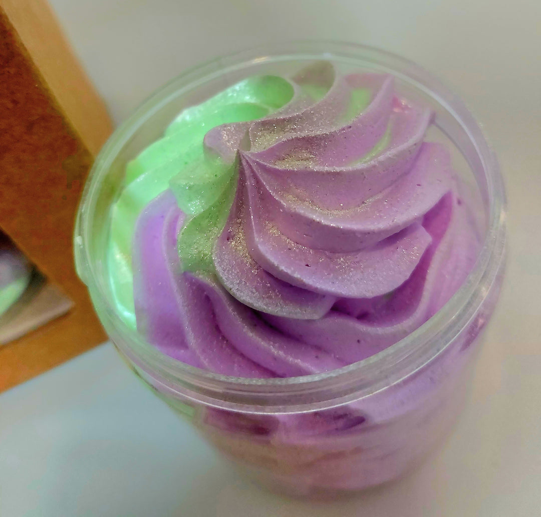 whipped soap in purple and green top view of pot to show texture and colours with gold  in alien abduction by BubbleShop