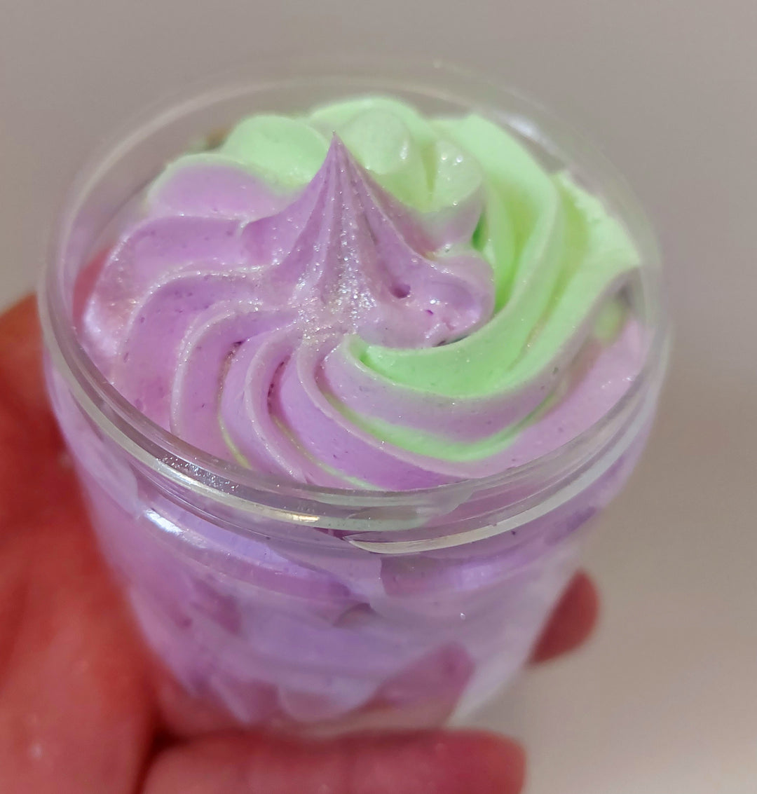 purple and green whipped soap top view of pot to show fluffy soap texture by Bubbleshop perfume inspired 