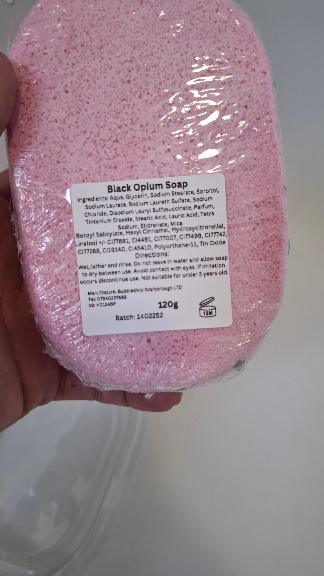 ingredients of pink and grey black soap sponge 120 gram Black opium by BubbleShop