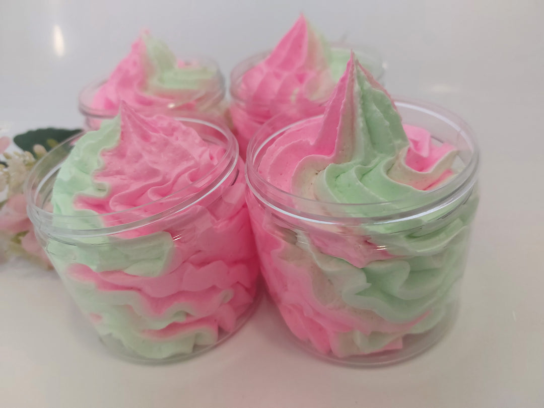 close up of fluffy whipped soap in green and pink by Bubbleshop