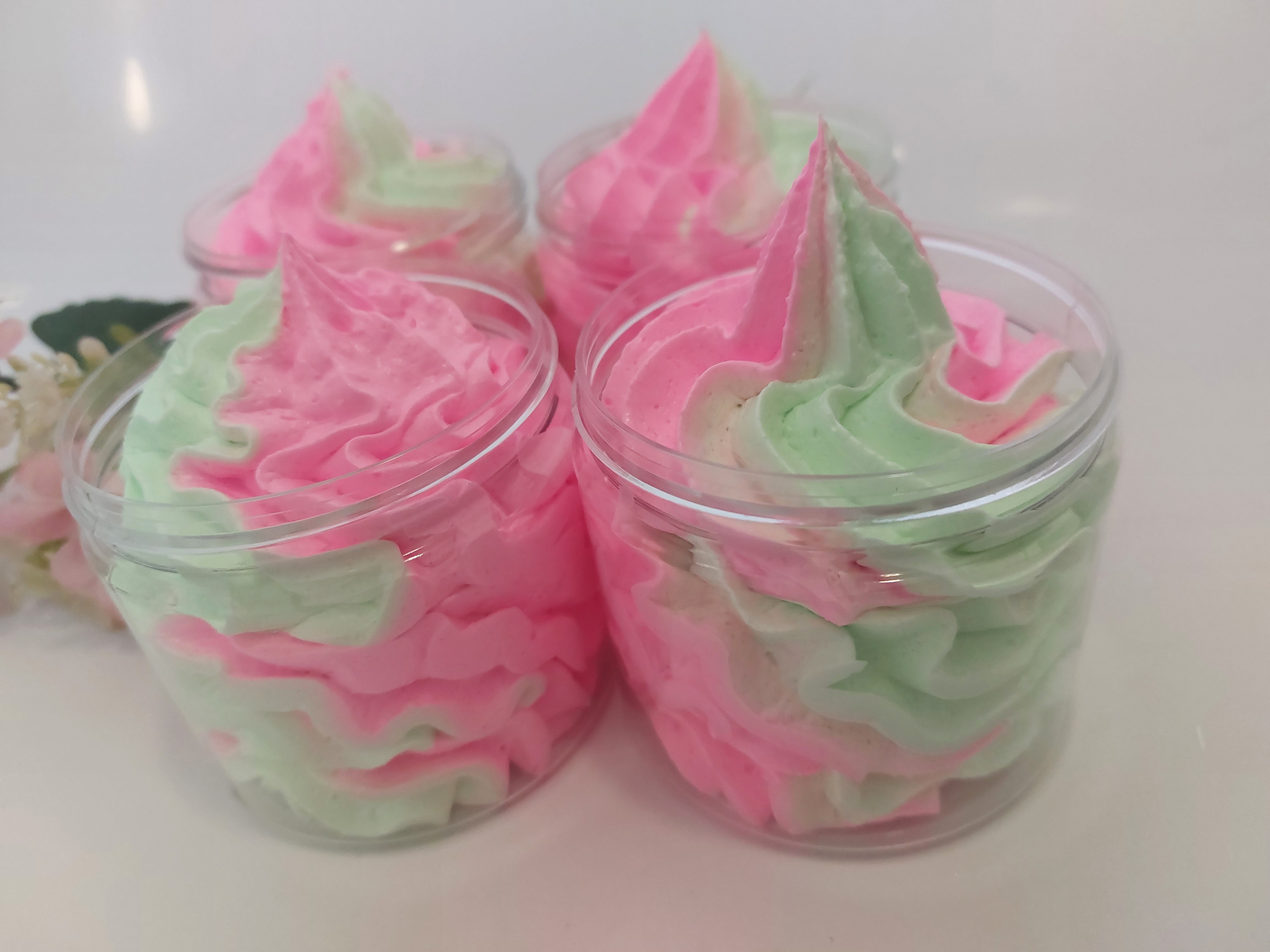close up of fluffy whipped soap in green and pink by Bubbleshop