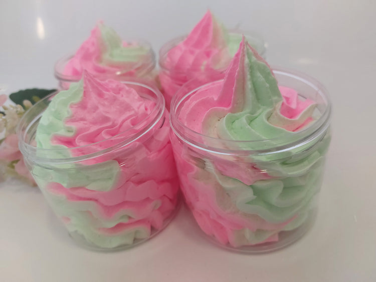 close up of fluffy whipped soap in green and pink by Bubbleshop