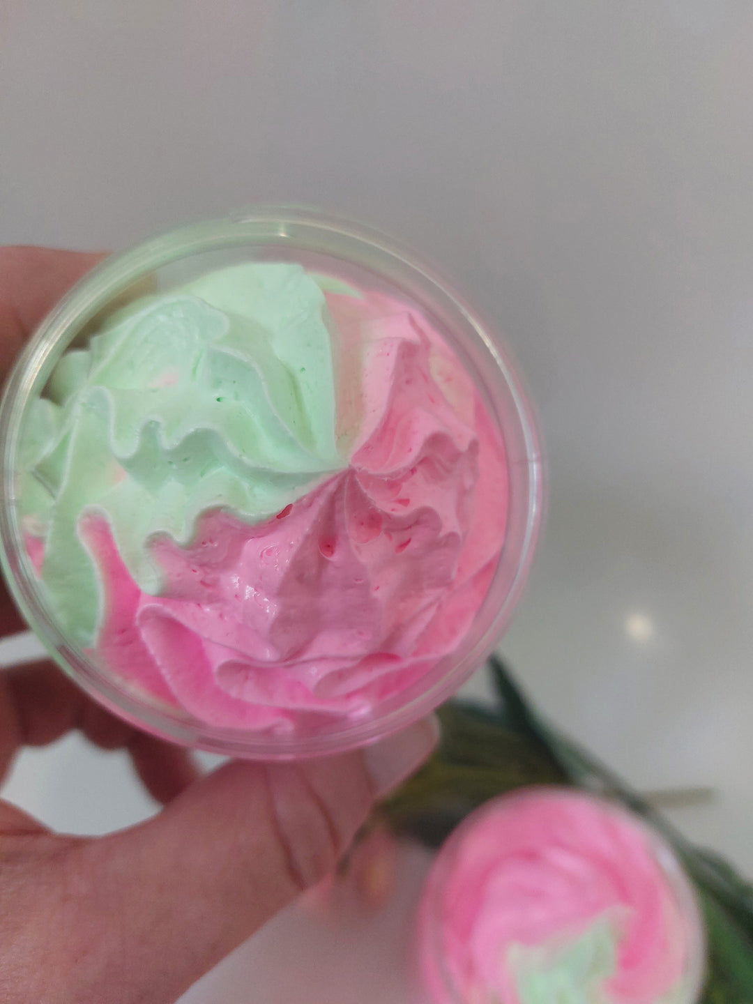 Black cherry whipped soap by Bubbleshop in pink and green 