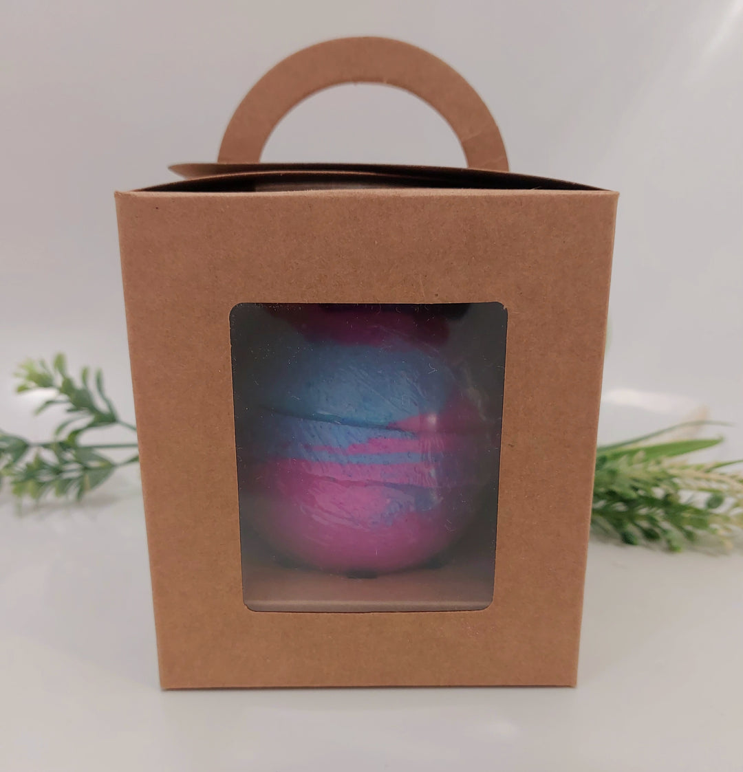 front photo of gift box with pink and blue bath bomb in side with clear window in Bubblegum sweet candy fragrance by Bubbleshop
