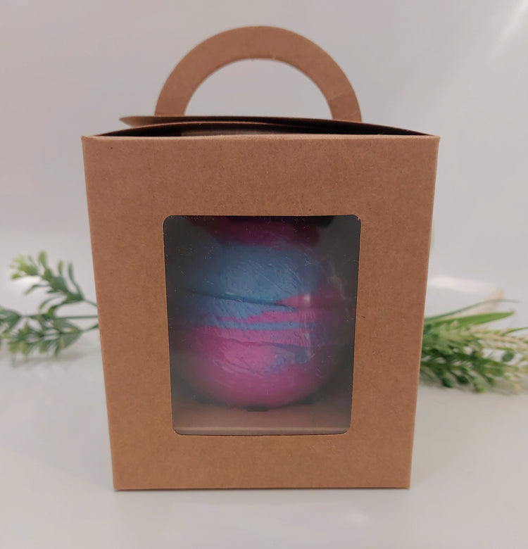 front photo of gift box with pink and blue bath bomb in side with clear window in Bubblegum sweet candy fragrance by Bubbleshop
