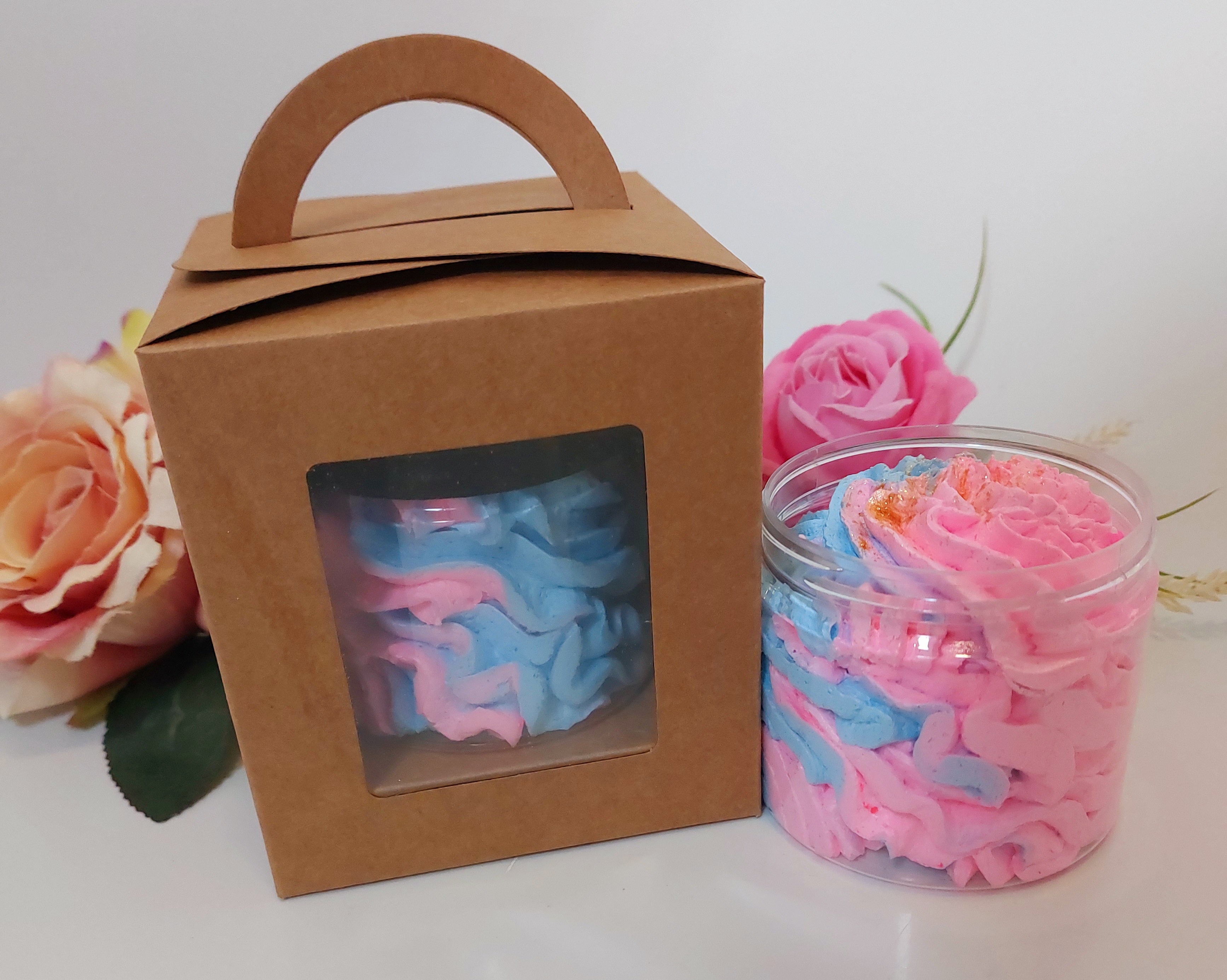 pink and blue fluffy smooth whipped soap in 120 gram pot with a gift box with flowers in back ground in bubblegum candy scent by Bubbleshop