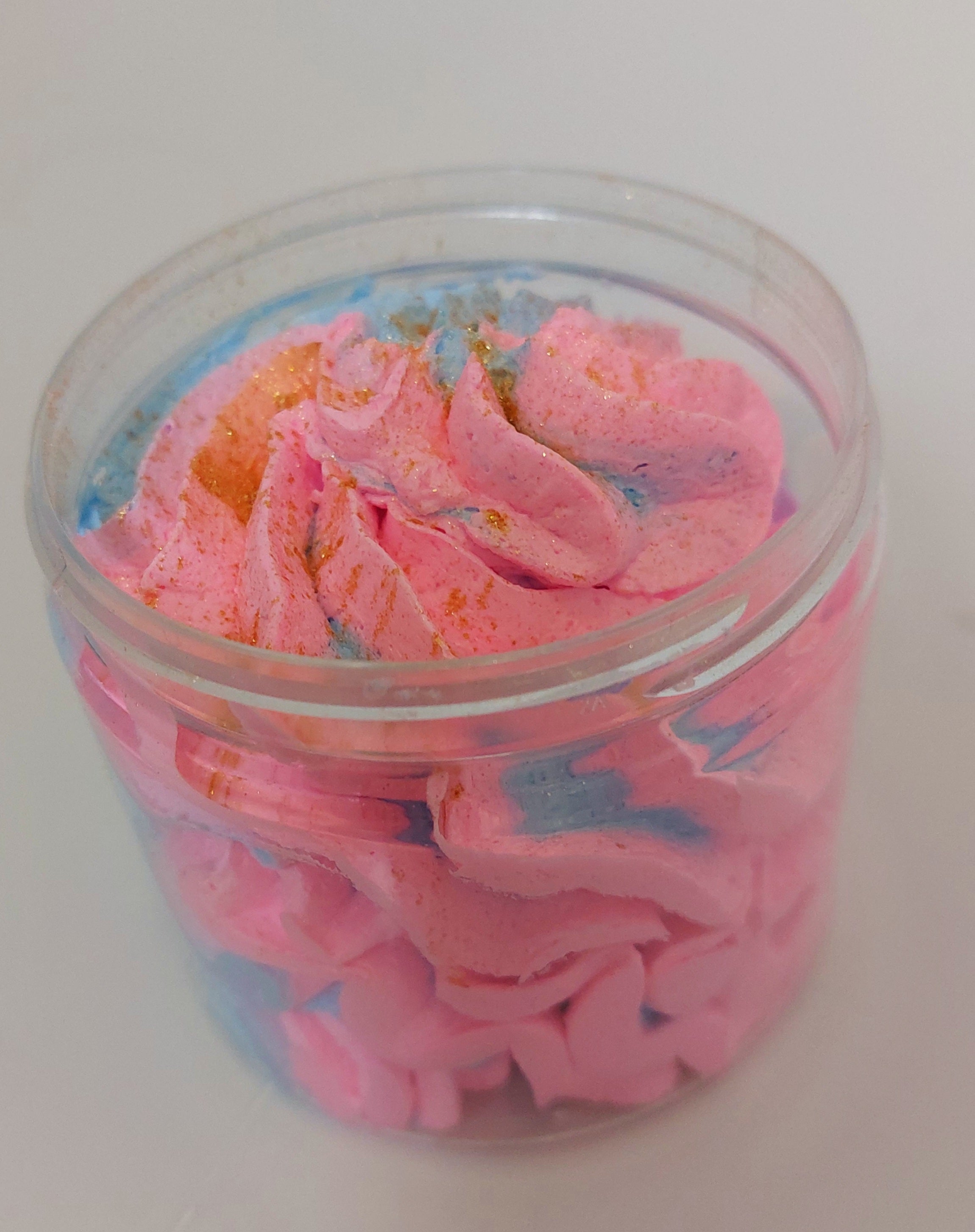 photo of pink and blue whipped soap to show texture and colours with gold dust on top top photo shot in Bubblegum fragrance by Bubbleshop 