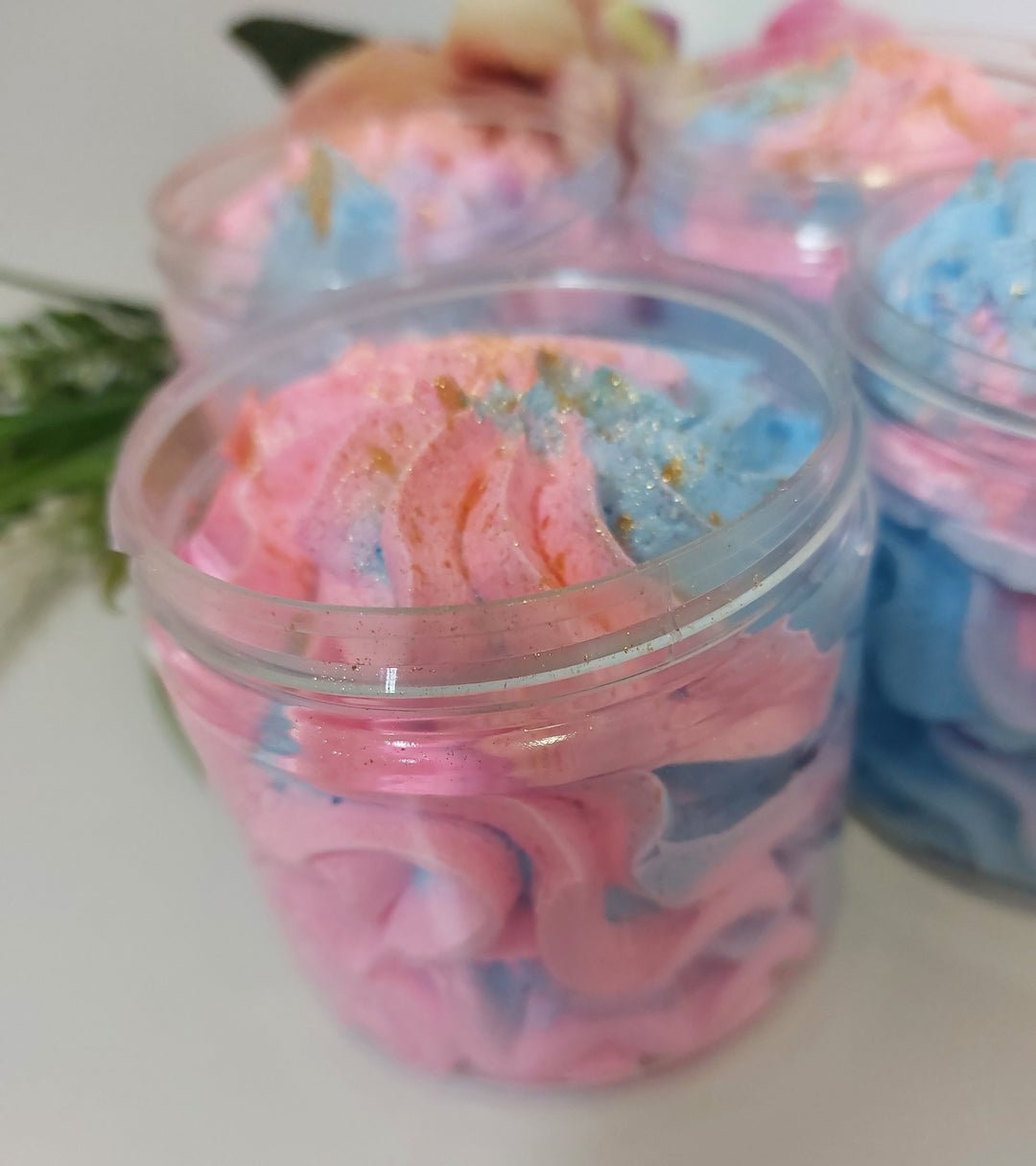 whippped soap in pink and blue in 120gram pot close up to show detail by bubbleshop in bubblegum fragrance