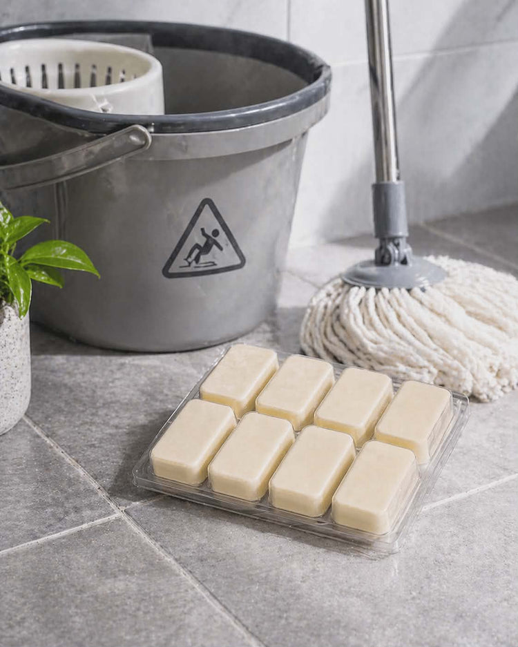 Burst of Sunshine mop sink and toilet fizzers by BubbleShop fresh citrus cleaning tablets for home cleaning next to a mop and bucket .