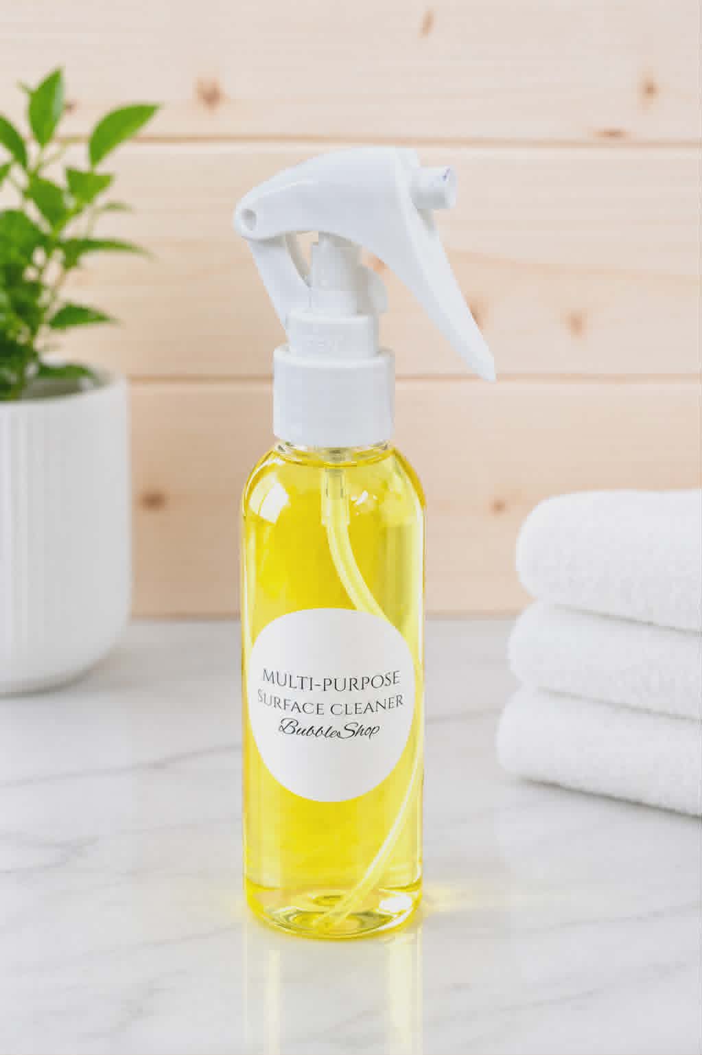 Burst of Sunshine multi-purpose surface cleaner spray by BubbleShop with fresh lemon scent in kitchen setting