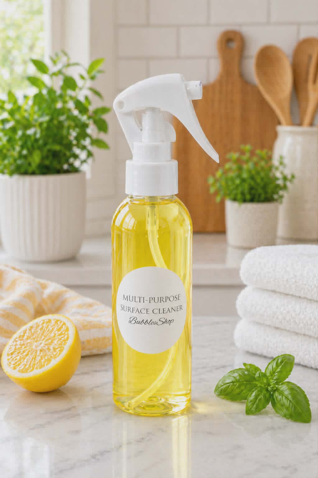 Bottle of multi-purpose surface cleaner with lemon scent on a kitchen counter by BubbleShop