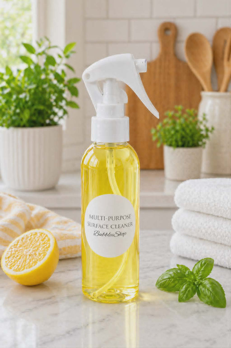 Bottle of multi-purpose surface cleaner with lemon scent on a kitchen counter by BubbleShop