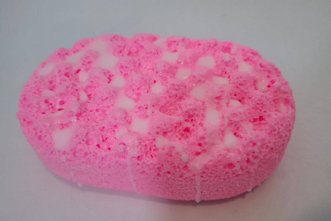 soap sponge side with to show texture and size pink and white 
 pink cloud by Bubbleshop