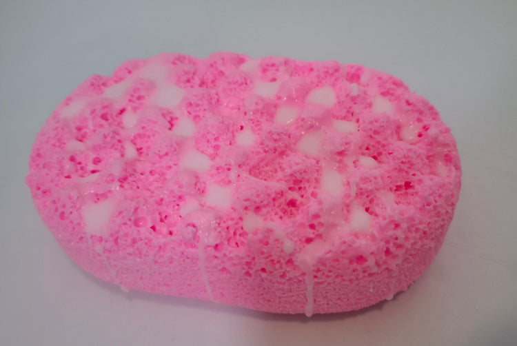 soap sponge side with to show texture and size pink and white 
 pink cloud by Bubbleshop