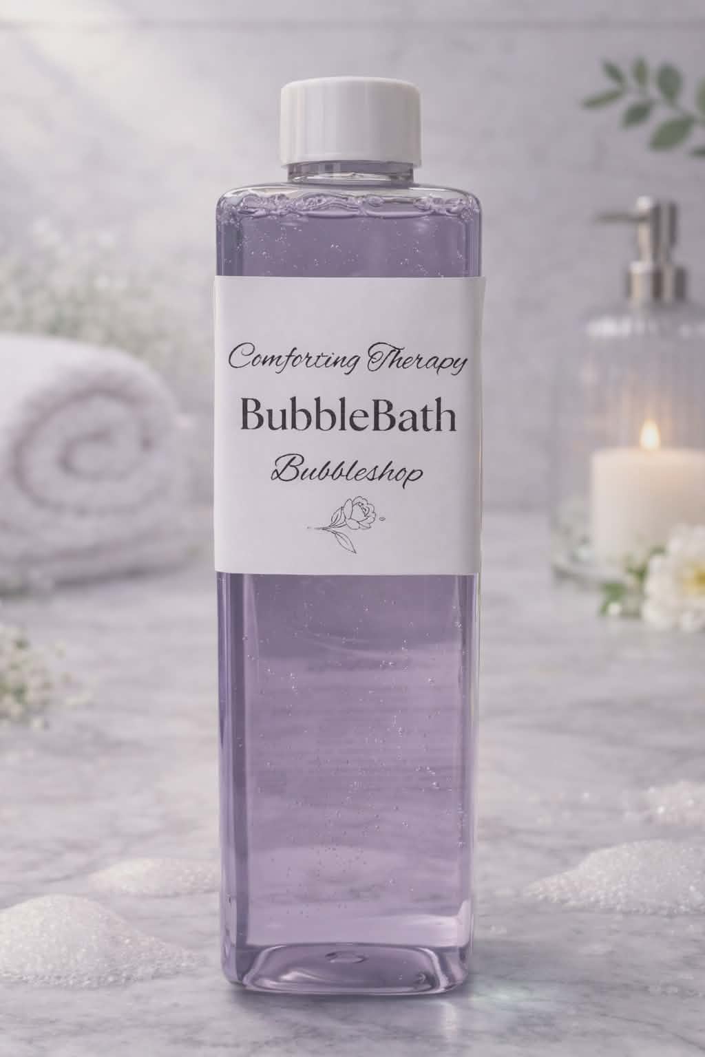 Comforting Therapy Bubble Bath by Bubble Shopin a clear bottle with soft relaxing back ground