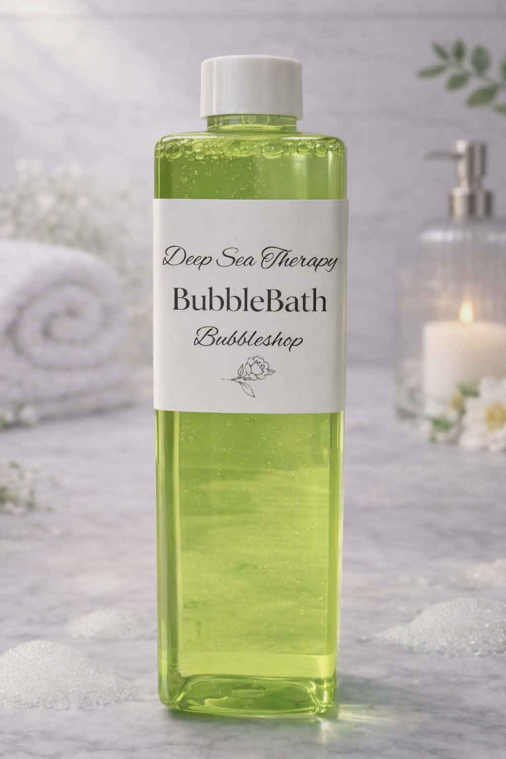 Bottle of Deep Sea Therapy Bubble Bath  by BubbleShop  in clear bottle in fresh calming back round