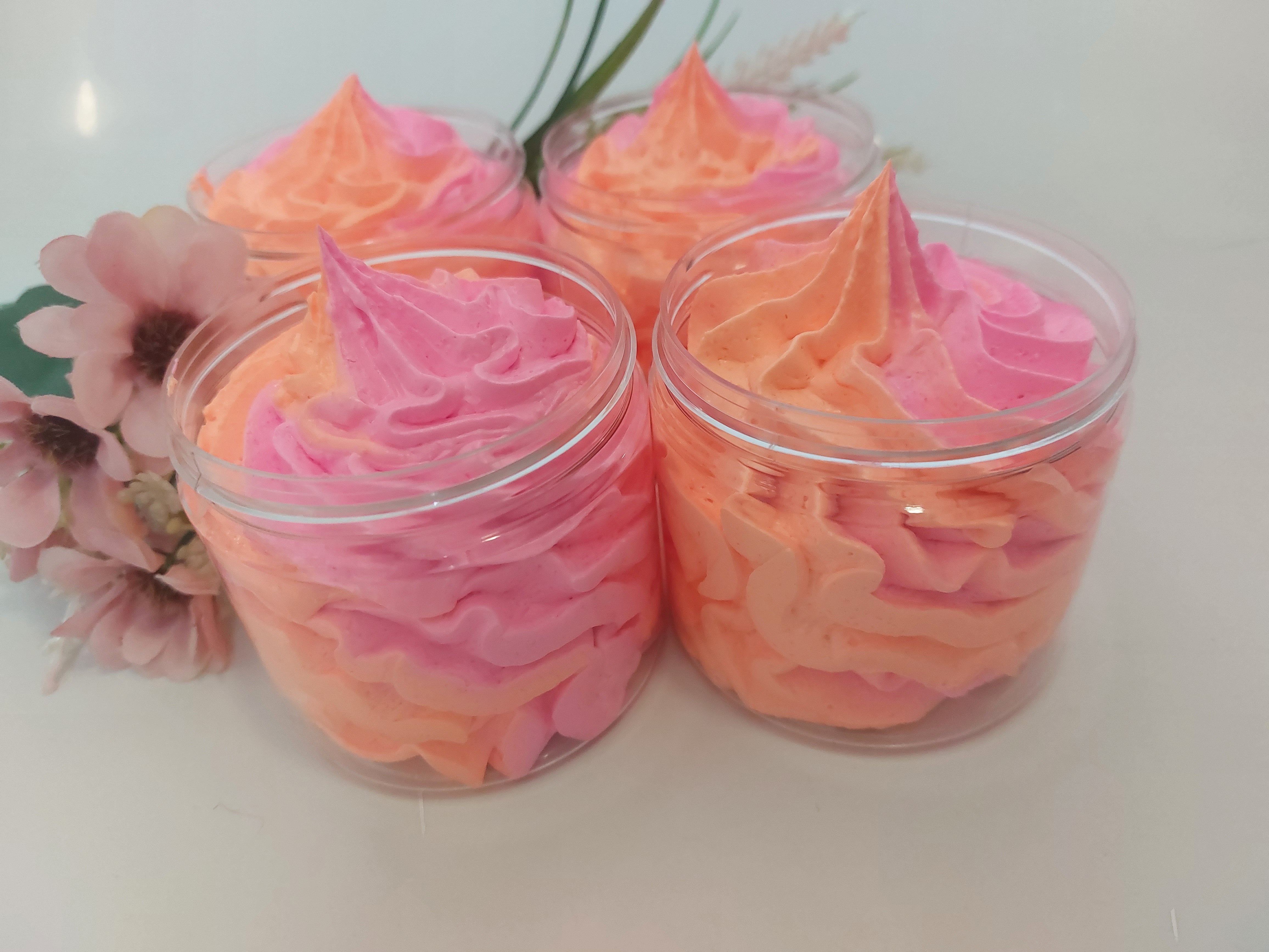 whipped soap in pink and orange in clear pots in Fantasy perfume inspired by BubbleShop  a soft and fluffy texture