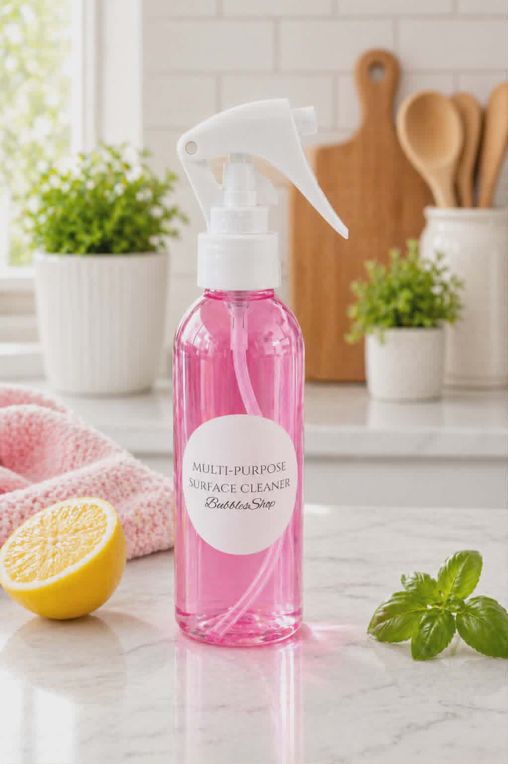 Hibiscus and Coconut Water kitchen and bathroom cleaner by BubbleShop tropical scented multi surface cleaning spray for home 