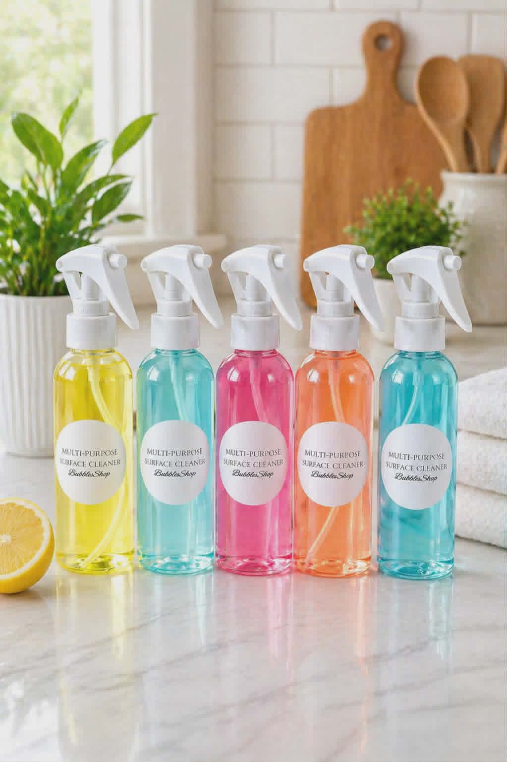 Five multicolored spray bottles on a kitchen counter with cleaning labels in Northern solstice surface cleaner by BubbleShop