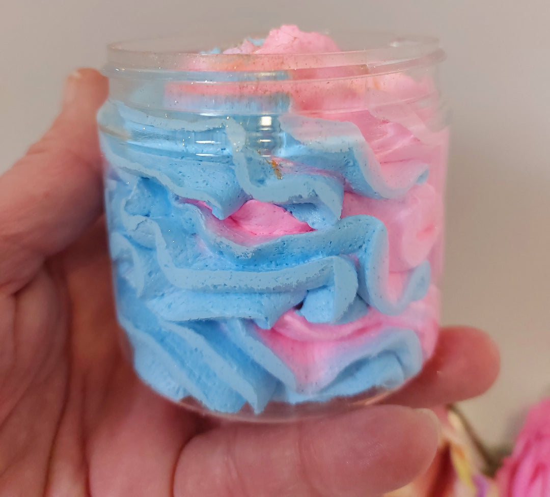 photo of pink and blue whipped soap in pot in hand to show size of pot in Bubblegum fragrance by Bubbleshop