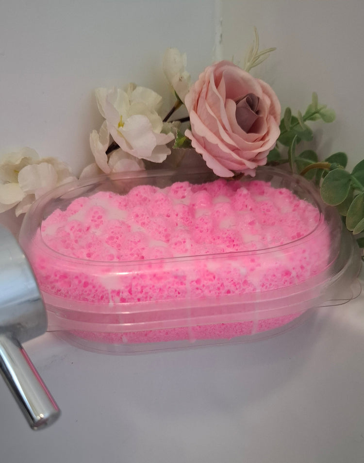 pink cloud fragrance soap sponge by BubbleShop with soft pastel colours in clam shell