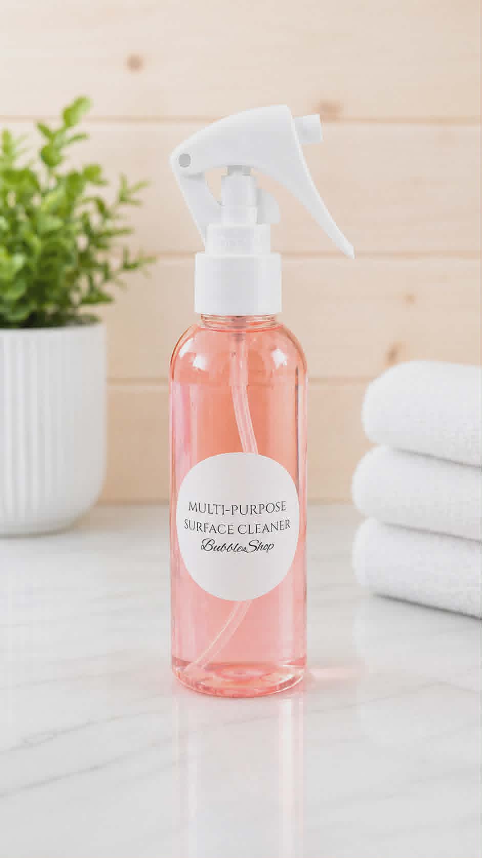Rhubarb And Custard scented surface cleaner spray by BubbleShop sweet scented multi surface cleaning spray pink cleaning bottle on a kitchen counter