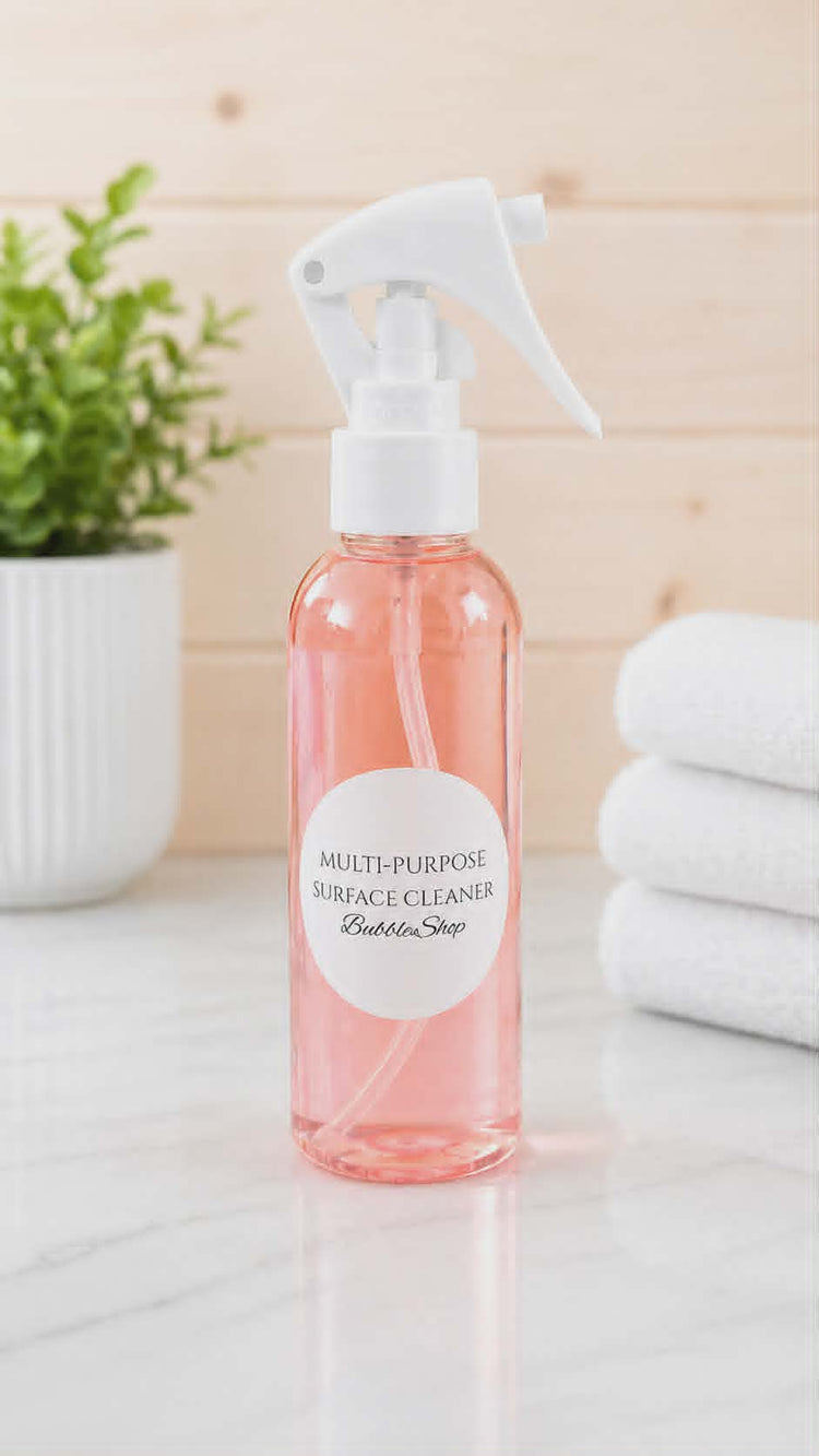 Rhubarb And Custard scented surface cleaner spray by BubbleShop sweet scented multi surface cleaning spray pink cleaning bottle on a kitchen counter