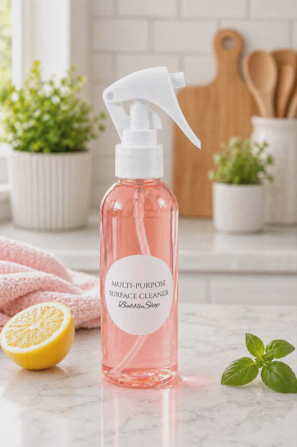 Bottle of multi-purpose surface cleaner in rhubard and custard scent on a kitchen counter by BubbleShop