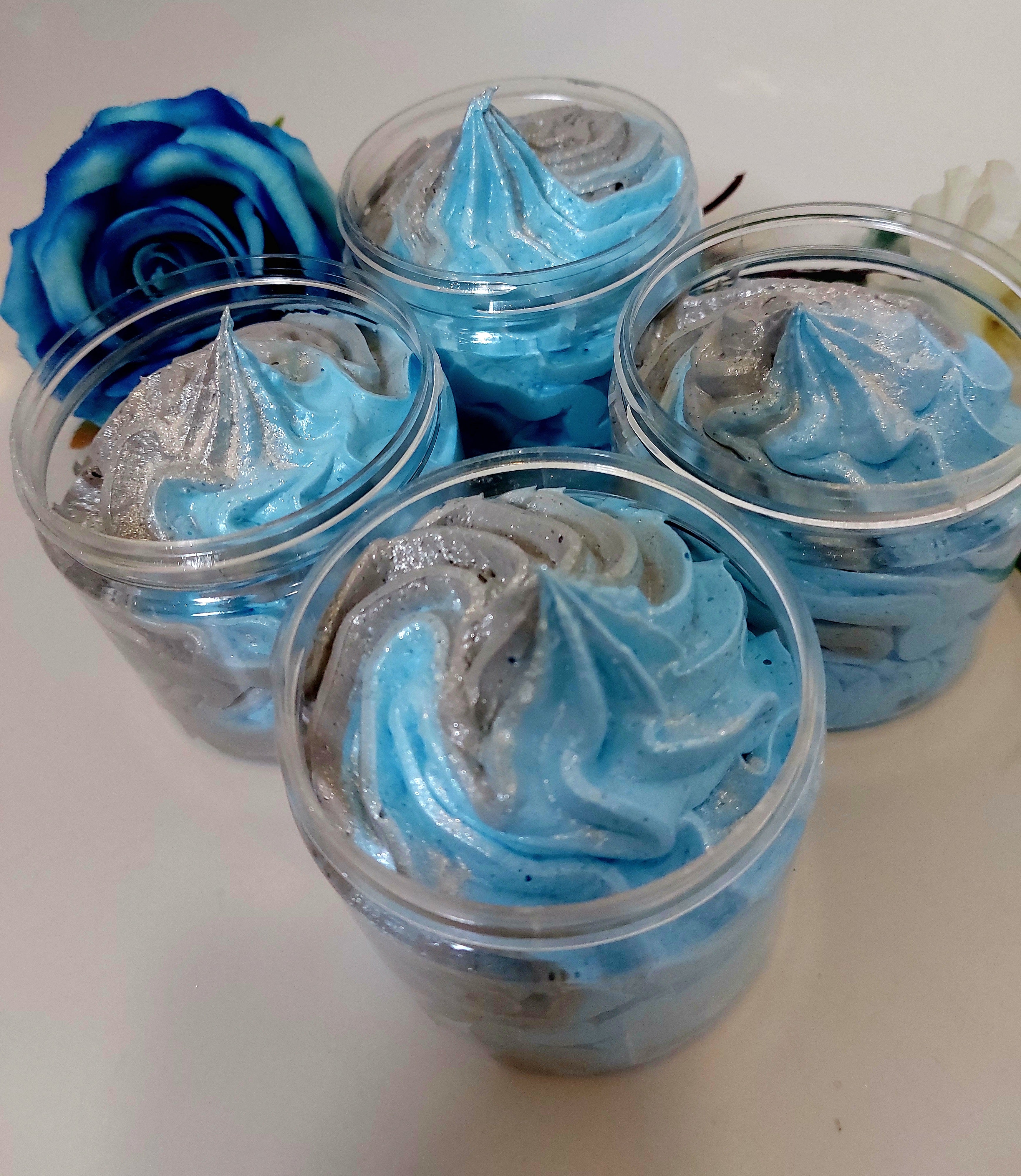 top view of 4 pots of blue and grey whipped soap showing colours in savage by BubbleShop