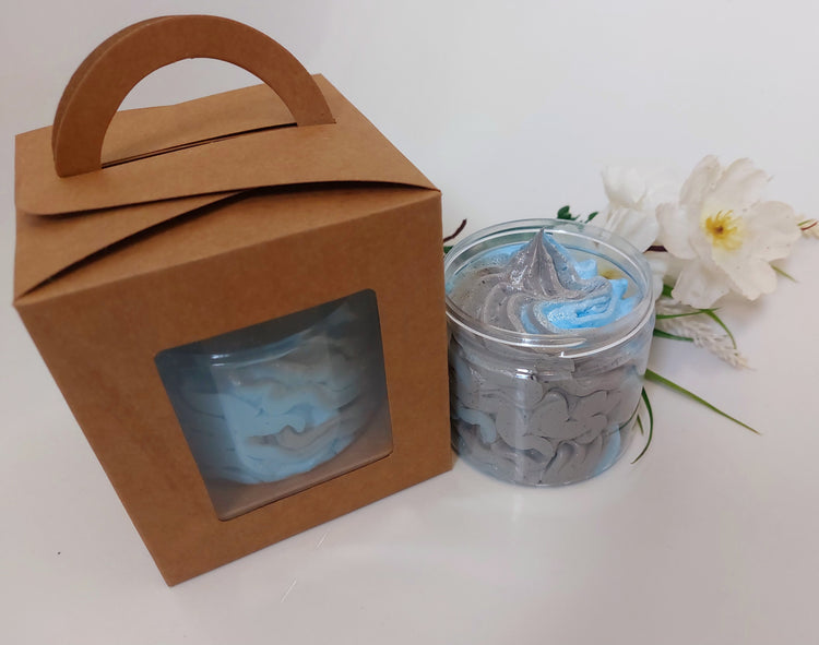whipped soap in blue and grey in 120 gram pot with gift box in fragrance savage by BubbleShop