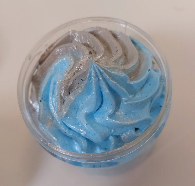 photo of the top of a whipped soap pot in blue and grey  to show textures and colours in fragrance savage by BubbleShop