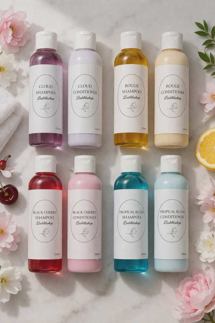 Collection of various shampoo and conditioner bottles with floral and fruit decorations on a light background by BubbleShop