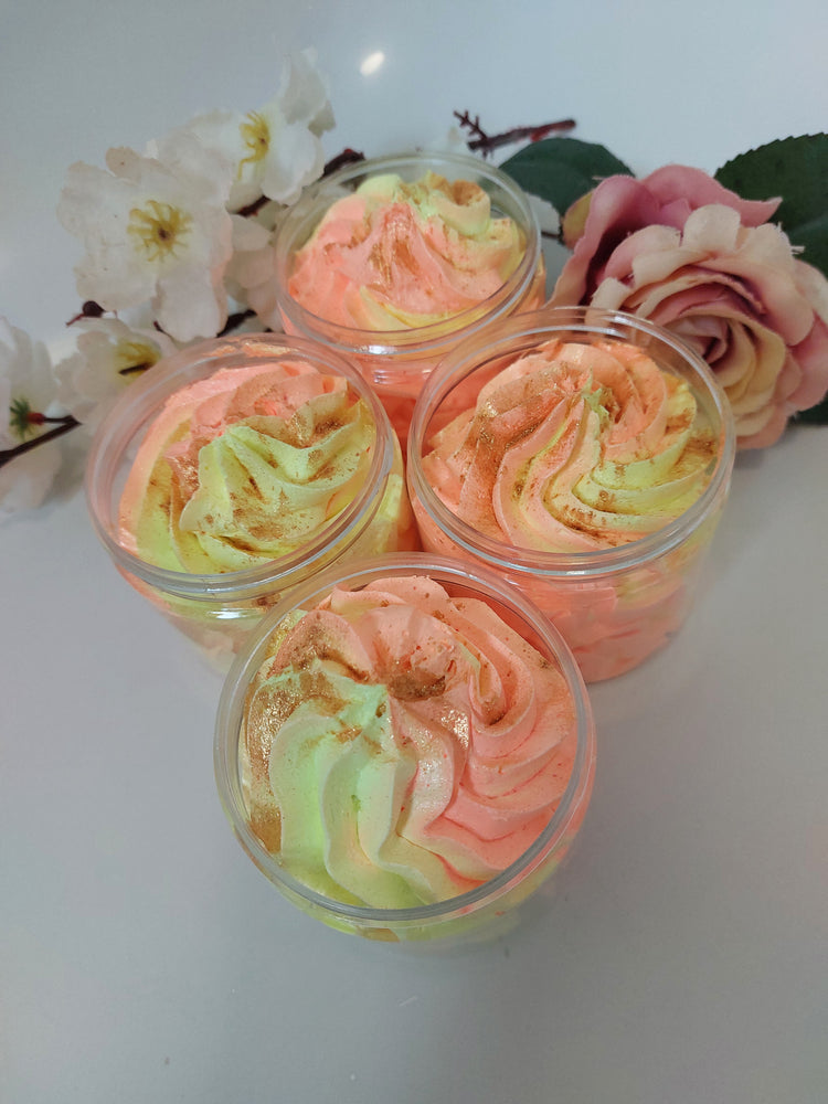 4 pots of whipped soap al together to show colours and gold dust in fragrance tropical orange by BubbleShop