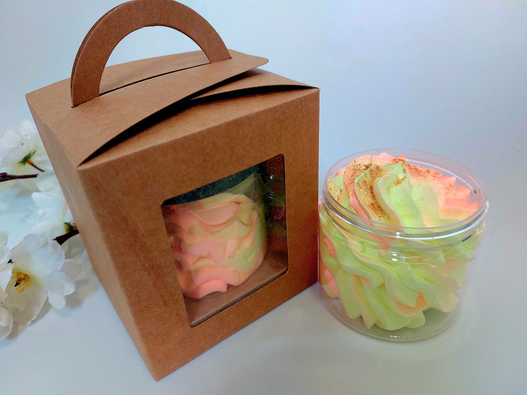 tropical orange whipped soap in yellow and orange with gift box and clear pot in tropical orange fragrance by BubbleShop