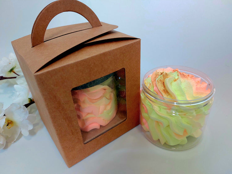 tropical orange whipped soap in yellow and orange with gift box and clear pot in tropical orange fragrance by BubbleShop