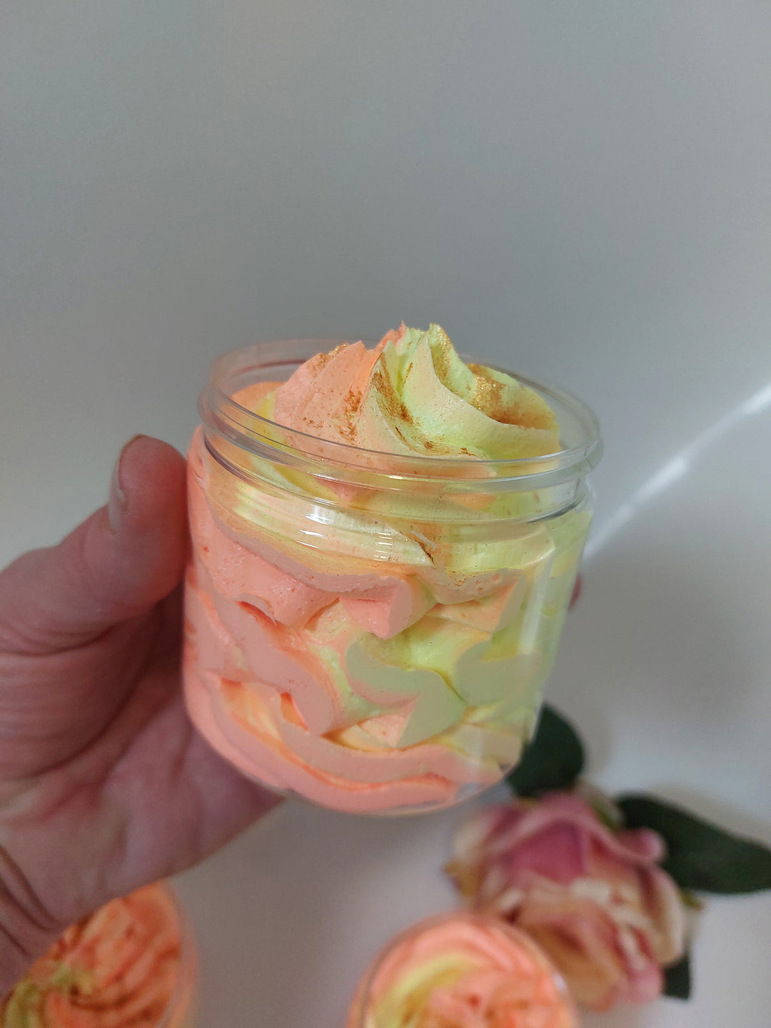 120 gram pot of whipped soap in yellow and orange side view  by BubbleShop