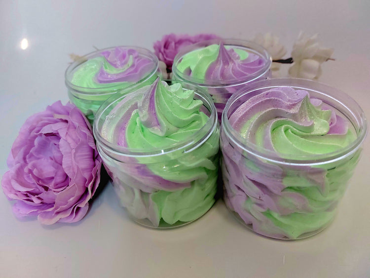4 pots of whipped soap in a green an purple fluffy texture showing colours by Bubbleshop