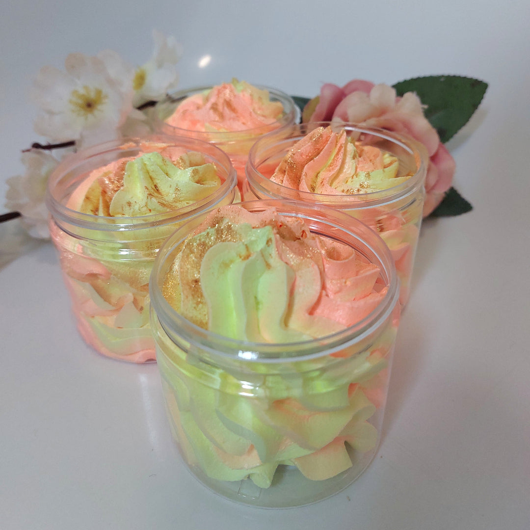 close up of yellow and orange whipped soap showing bright fluffy texture in tropical orange by BubbleShop